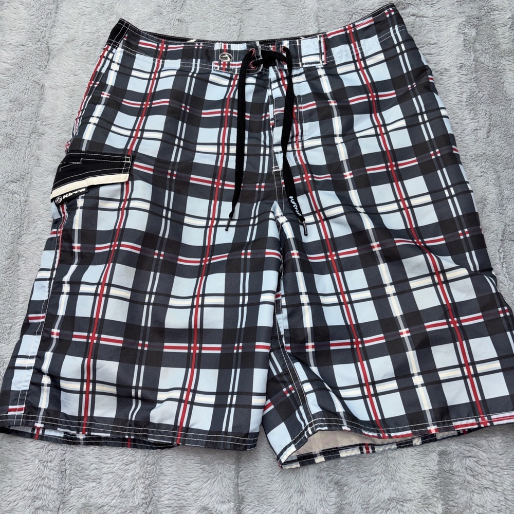 Kirra‎ Board Trunk Shorts Mens 33 Blue Multi Plaid Lace Up Cargo Pocket Swimwear